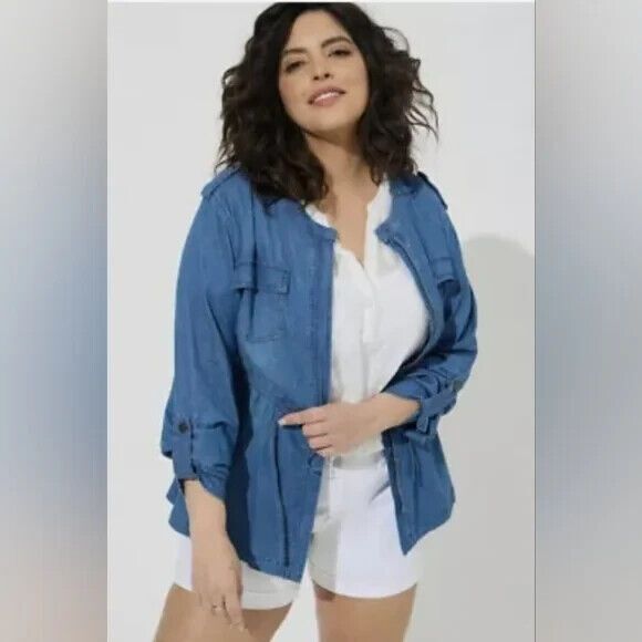 Torrid Denim Drawstring Waist Utility Jacket  4X  Chambray Denim Roll-Tab Sleeve - Picture 14 of 15
